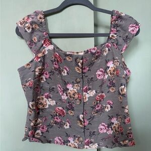 Floral Button-Front Crop Top in Olive Green